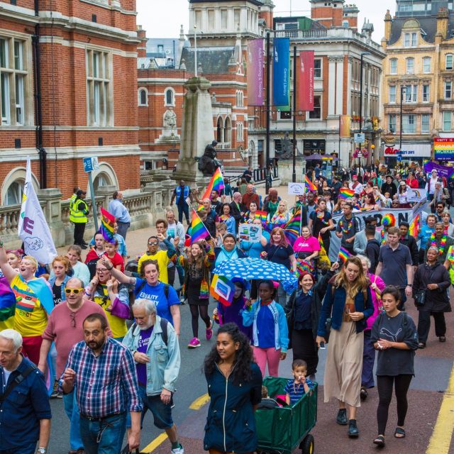 Croydon Pride 2017 marching past town hall